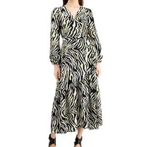 Bar III‎ Women's XS Zebra Print Maxi Full Wrap Dress Ruffle Yellow Accents NWT